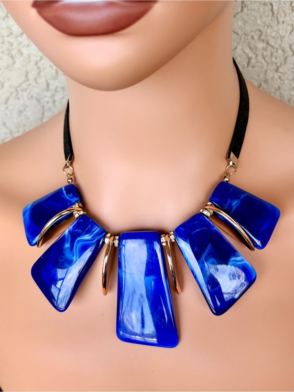 Royal Blue Acrylic Statement Necklace with Gold Accents